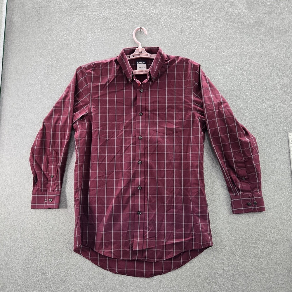 Lands' End Men Button Up Shirt 15 1/2 - 32 Burgundy Check Long Sleeve
